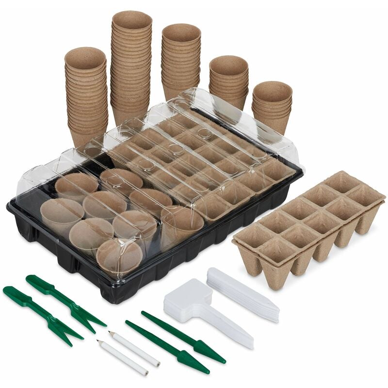 immagine 0 del prodotto set mini serra con 131 accessori, coperchio trasparente, vassoio forato per semina, semenzaio, plastica, nero relaxdays