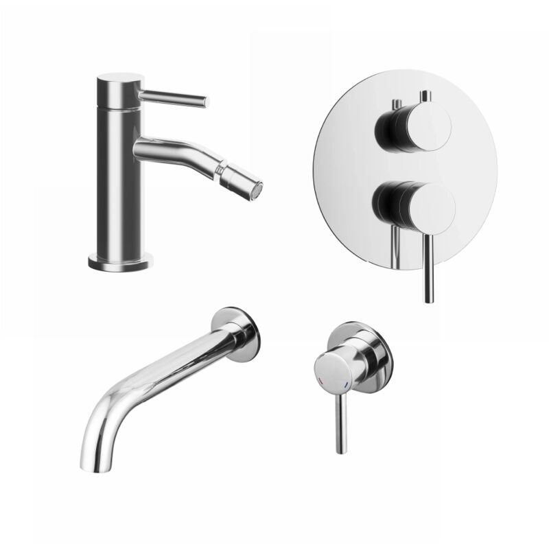 foto del prodotto set miscelatori con lavabo ad incasso, bidet senza scarico e incasso doccia c deviatore in ottone cromato mod. bette