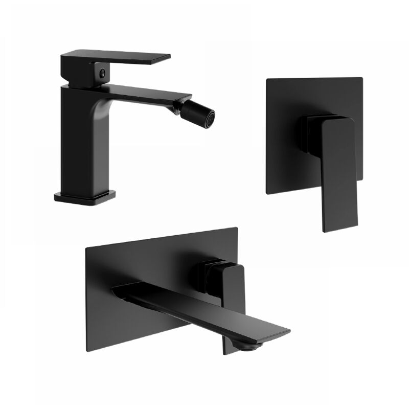 foto del prodotto set miscelatori con lavabo ad incasso, bidet senza scarico e incasso doccia monocomando in ottone nero opaco mod. ingrid