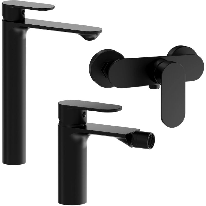 foto del prodotto set miscelatori con lavabo alto bidet senza scarico ed esterno doccia in ottone nero opaco mod. kerry