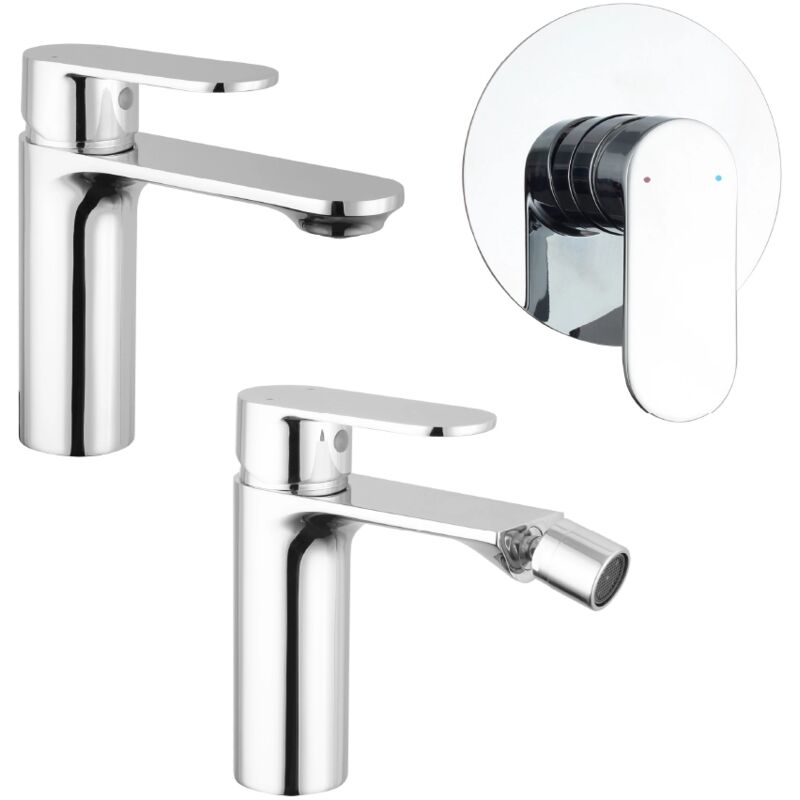 foto del prodotto set miscelatori con lavabo bidet senza scarico e incasso doccia monocomando in ottone cromato mod. kerry