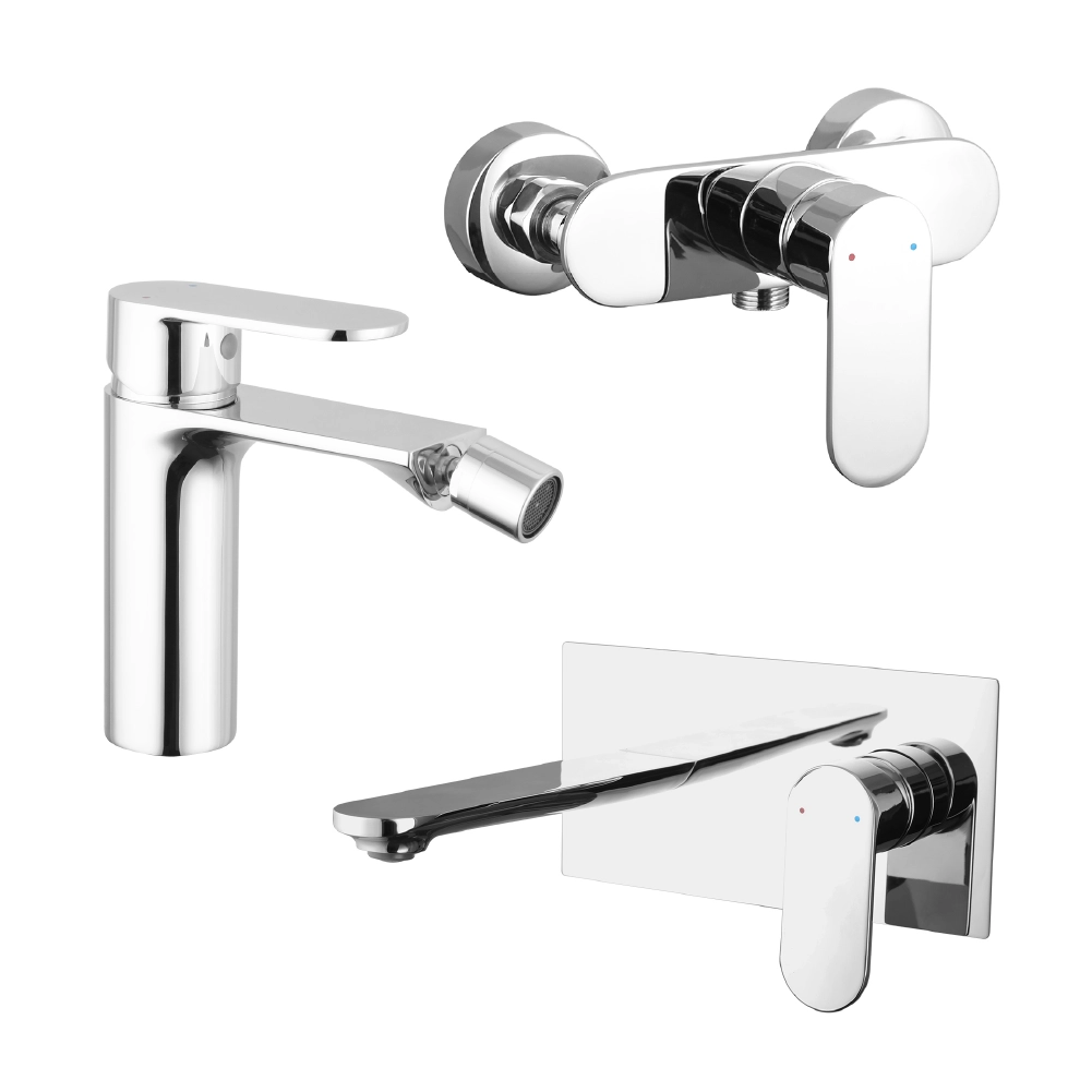 foto del prodotto set miscelatori lavabo ad incasso bidet senza scarico ed esterno doccia cromato kerry