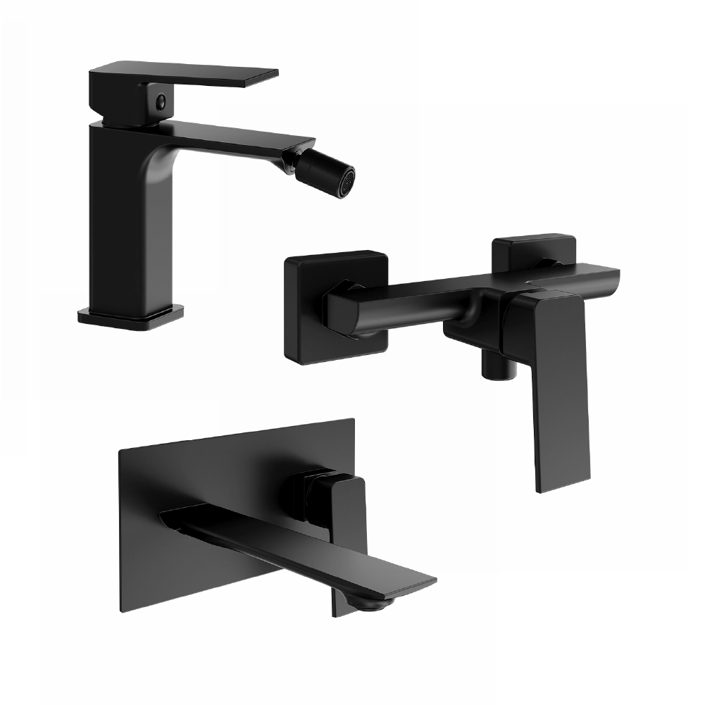 foto del prodotto set miscelatori lavabo ad incasso bidet senza scarico ed esterno doccia nero opaco ingrid