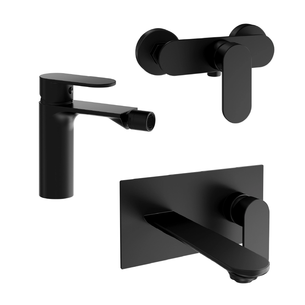 foto del prodotto set miscelatori lavabo ad incasso bidet senza scarico ed esterno doccia nero opaco kerry