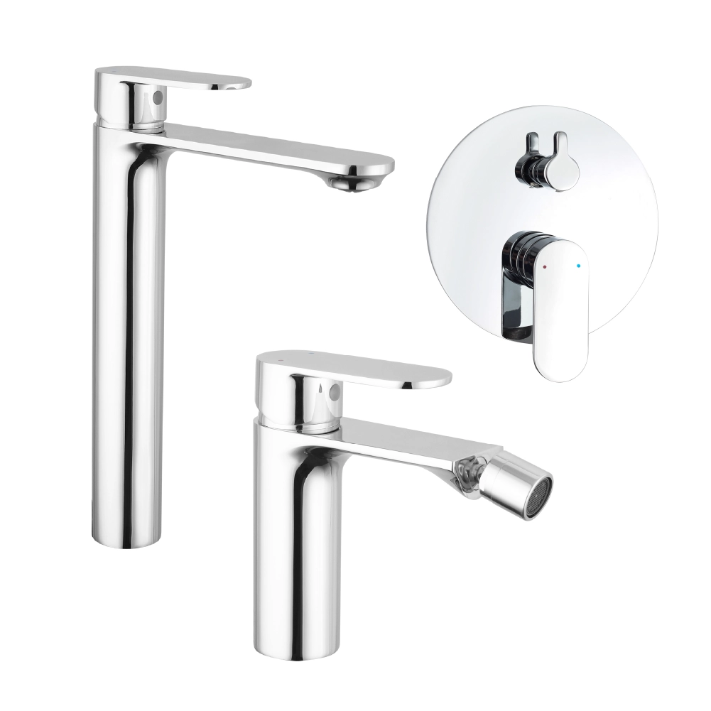 foto del prodotto set miscelatori lavabo alto bidet senza scarico e incasso doccia c deviatore cromato kerry