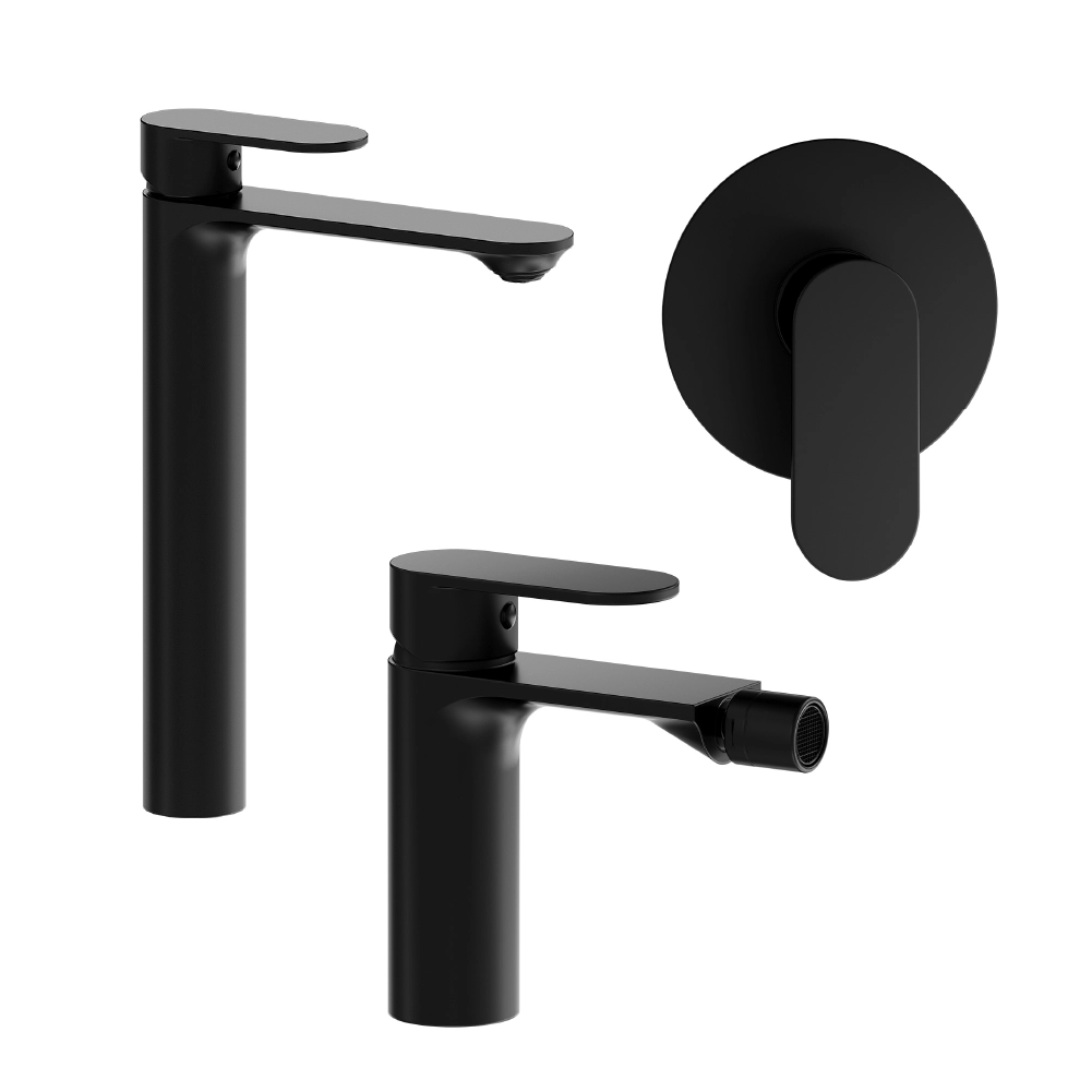 foto del prodotto set miscelatori lavabo alto bidet senza scarico e incasso doccia monocomando nero opaco kerry