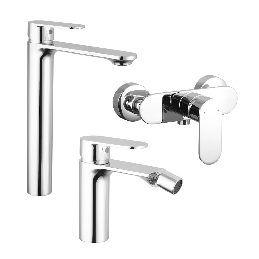 foto del prodotto set miscelatori lavabo alto bidet senza scarico ed esterno doccia cromato kerry