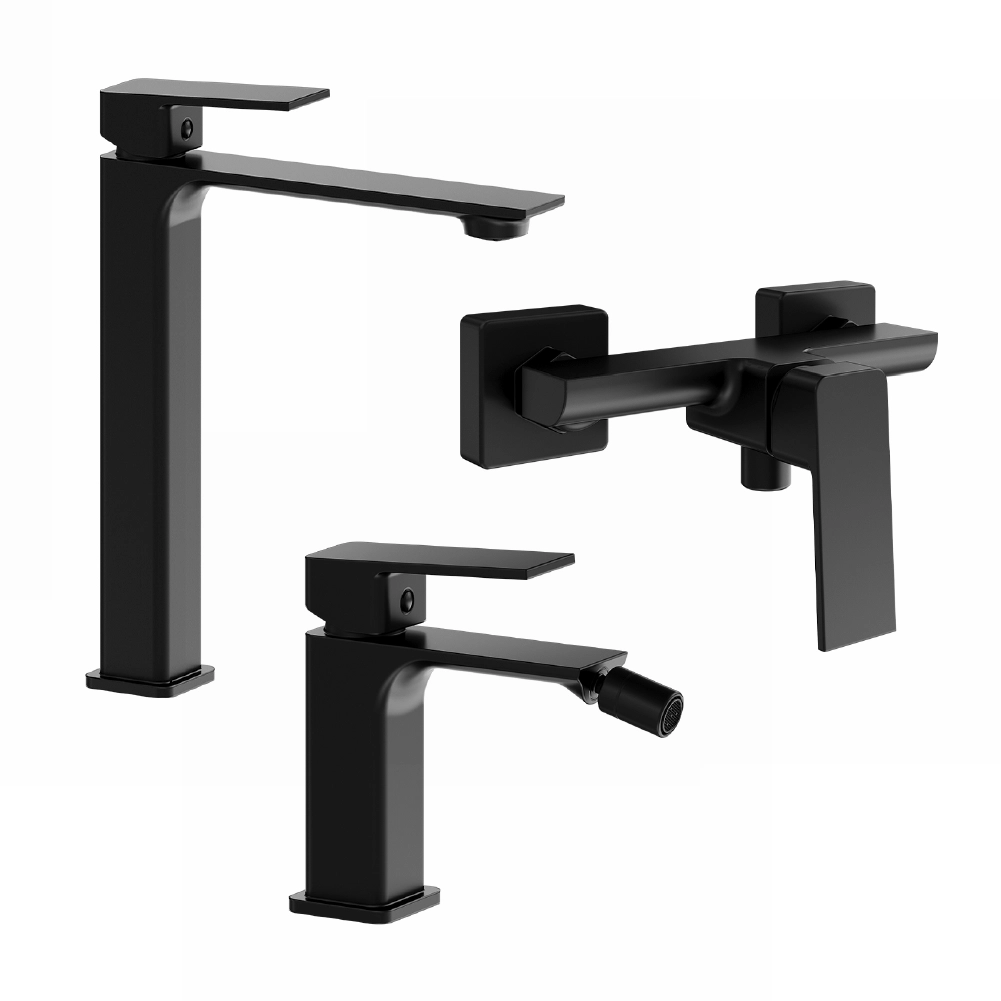 foto del prodotto set miscelatori lavabo alto bidet senza scarico ed esterno doccia nero opaco ingrid