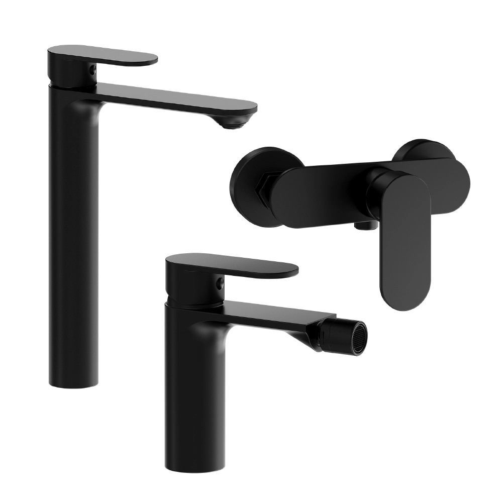foto del prodotto set miscelatori lavabo alto bidet senza scarico ed esterno doccia nero opaco kerry
