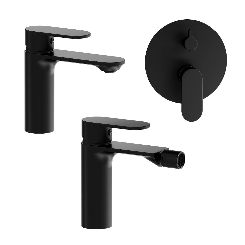 foto del prodotto set miscelatori lavabo bidet senza scarico e incasso doccia c deviatore nero opaco kerry