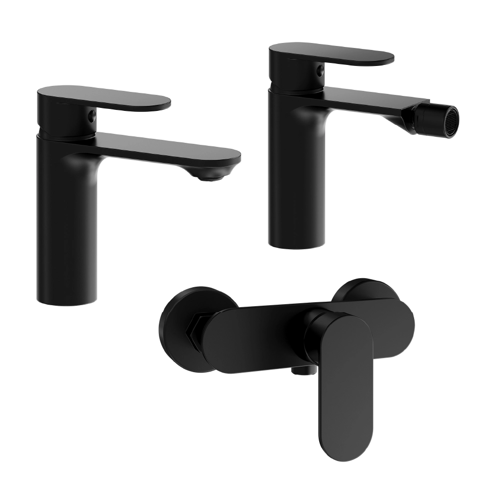foto del prodotto set miscelatori lavabo bidet senza scarico ed esterno doccia nero opaco kerry