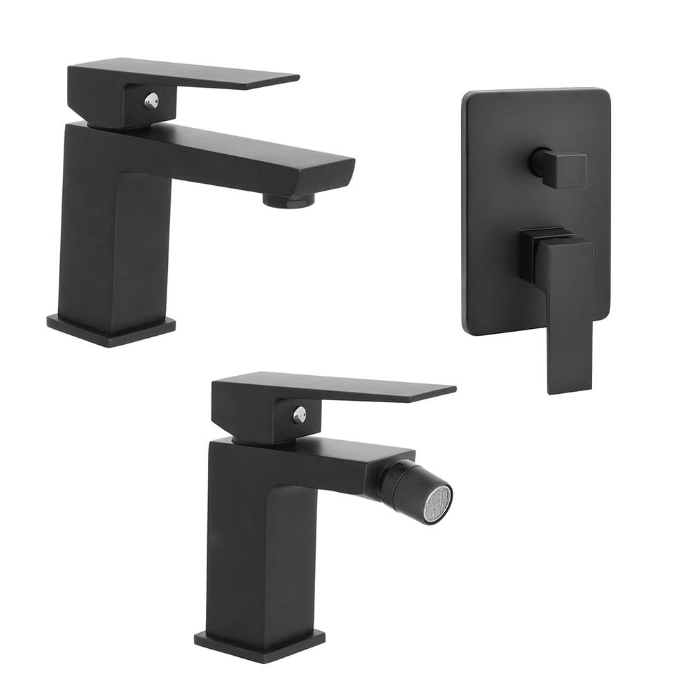 foto del prodotto set miscelatori nero opaco lavabo bidet e doccia con deviatore kubo