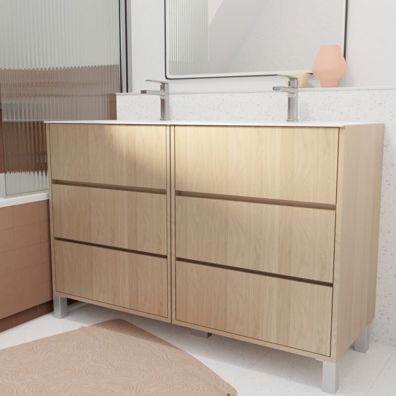 foto del prodotto set mobile bagno 120 cm rovere chiaro 6 cassetti con lavabo in ceramica xenos