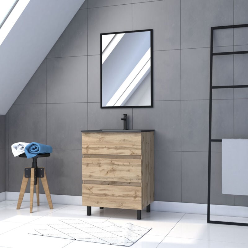 foto del prodotto set mobile bagno 60 cm con piedini 3 cassetti rovere lavabo nero specchio