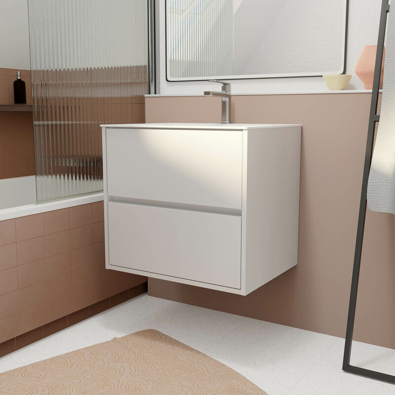 foto del prodotto set mobile bagno 60 cm laccato bianco 2 cassetti con lavabo in ceramica xenos