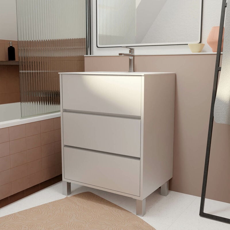foto del prodotto set mobile bagno 60 cm laccato bianco 3 cassetti con lavabo in ceramica - xenos
