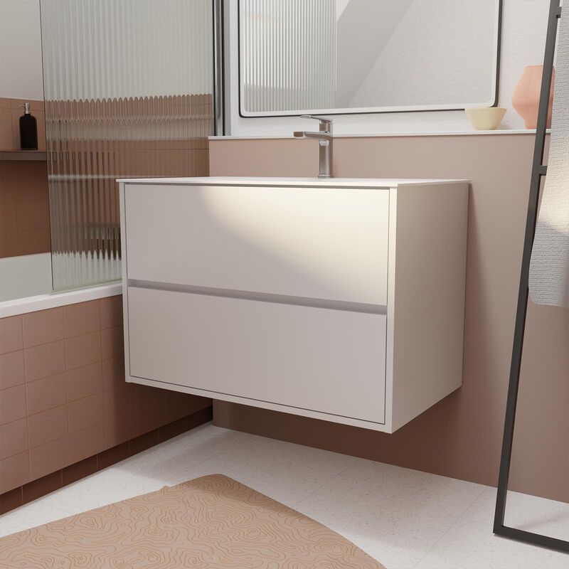 foto del prodotto set mobile bagno 80 cm laccato bianco 2 cassetti con lavabo in ceramica xenos