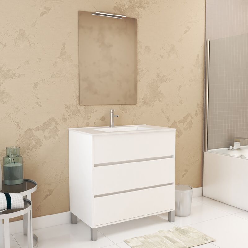 foto del prodotto set mobile bagno 80 cm laccato bianco 3 cassetti, lavabo, specchio 60x80 e applique led xenos