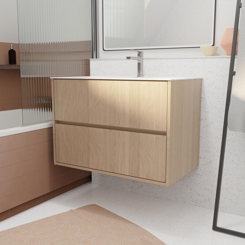 foto del prodotto set mobile bagno 80 cm rovere chiaro 2 cassetti con lavabo in ceramica xenos