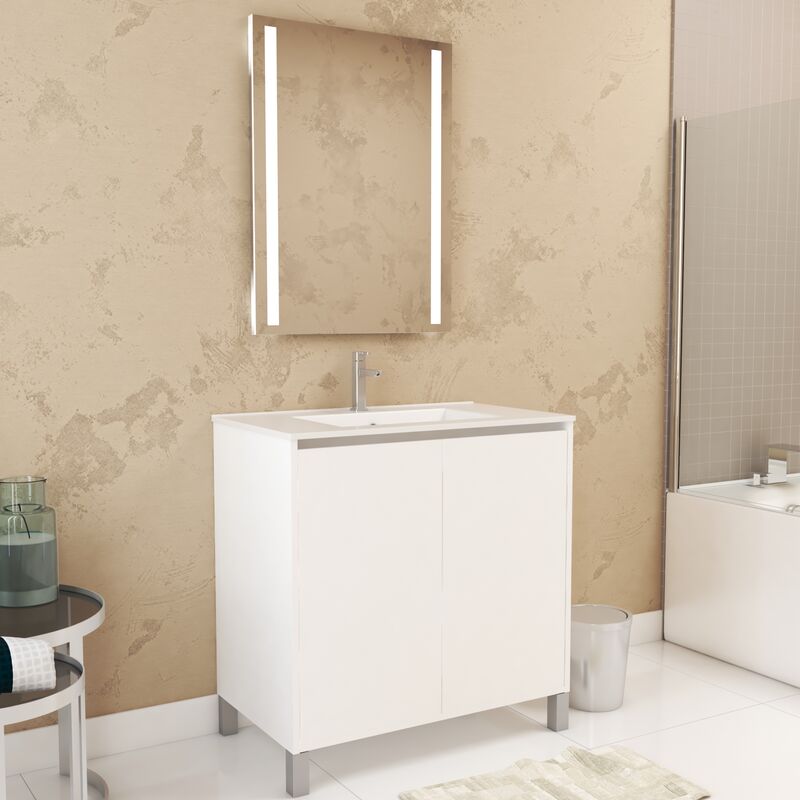 foto del prodotto set mobile bagno 80cm laccato bianco 2 ante, lavabo, specchio 60x80 con luce led integrata xenos
