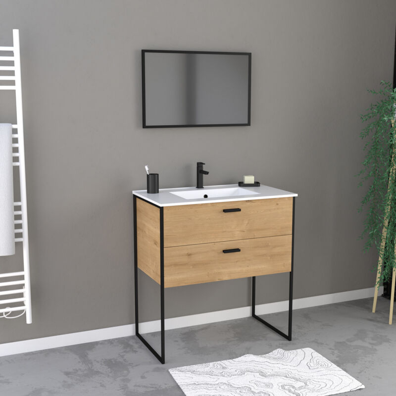 foto del prodotto set mobile bagno 80x45 cm stile industriale colore rovere naturale lavabo bianco