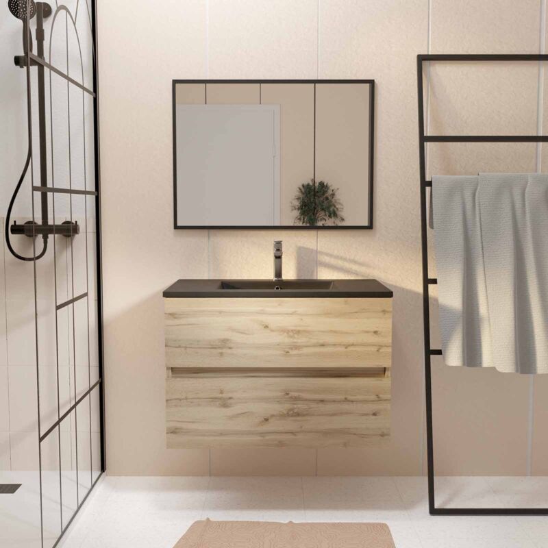 foto del prodotto set mobile bagno sospeso 80 cm 2 cassetti rovere lavabo nero specchio timber 80