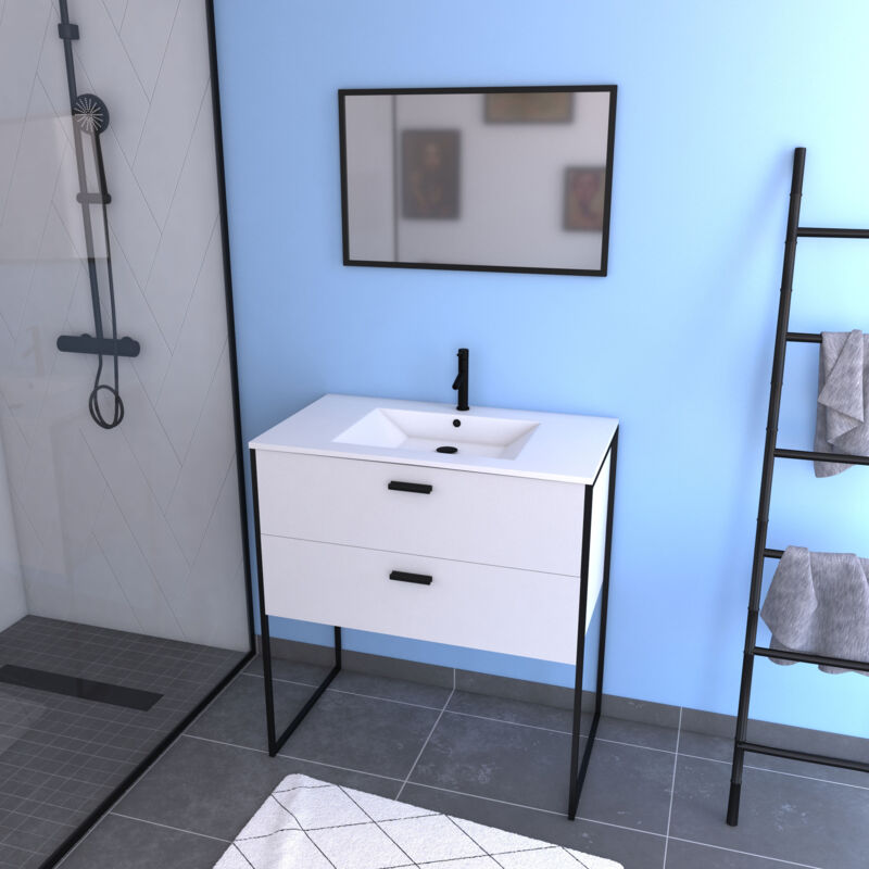 foto del prodotto set mobile da bagno bianco con piedini stile industriale 2 cassetti lavabo bianco