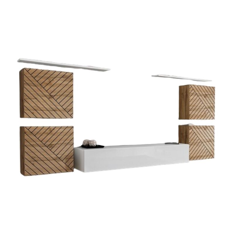 foto del prodotto set mobile sala switch iv. colori rovere wotan e bianco. finiture in rovere fresato e bianco lucido.