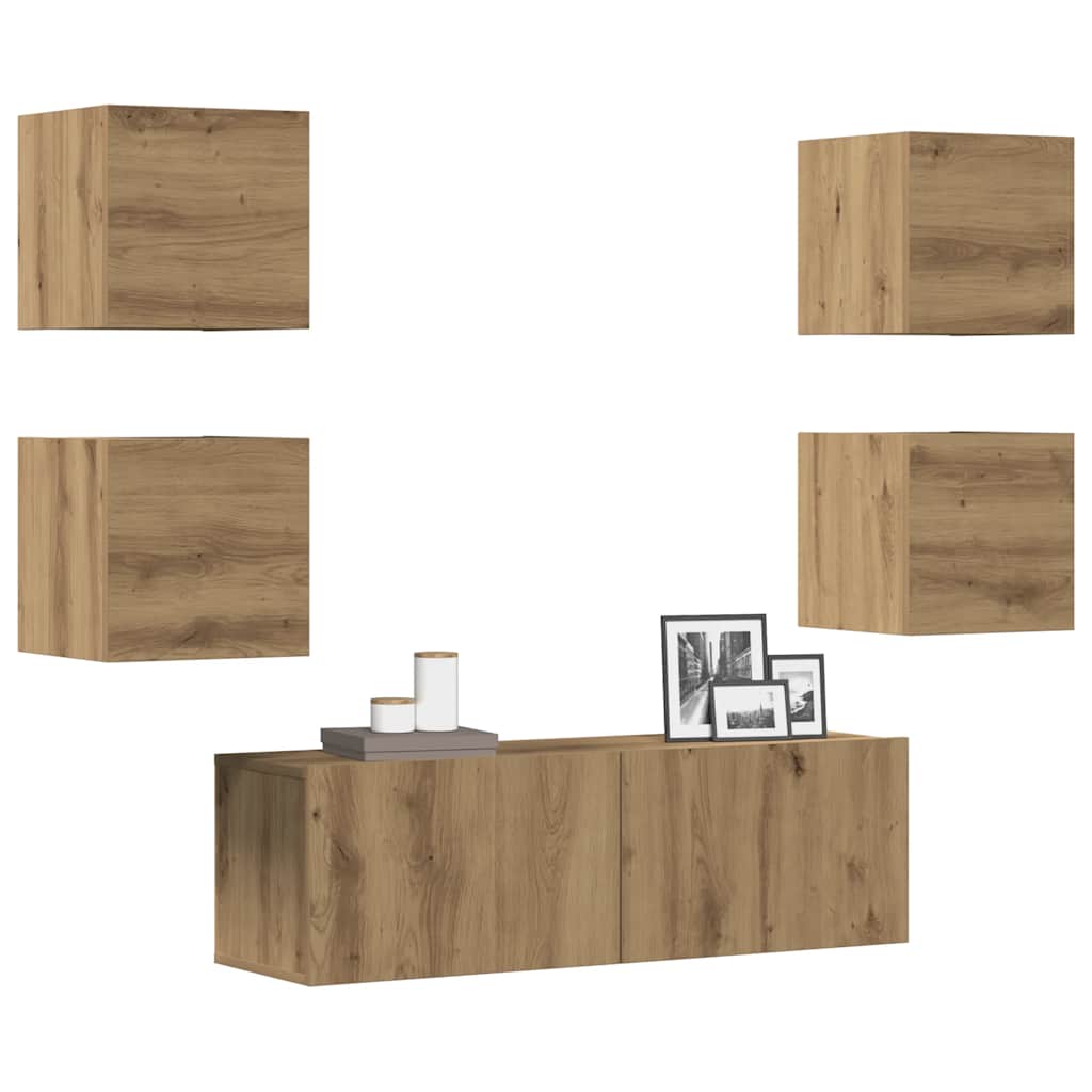 foto del prodotto set mobile tv 5 pz montato a parete rovere in legno multistrato