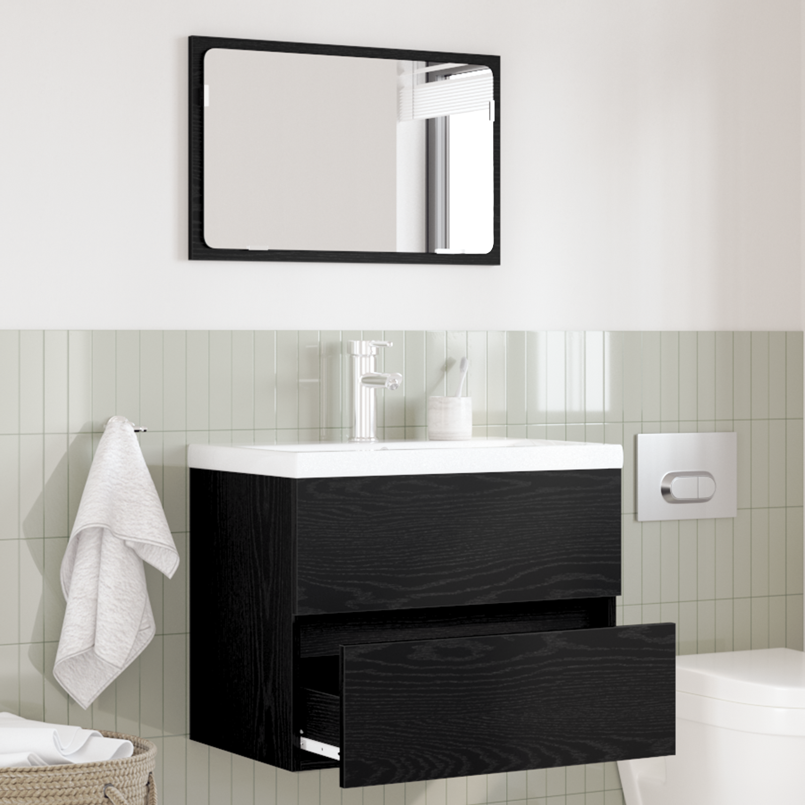 foto del prodotto set mobili bagno 2 pezzi nero rovere legno ingengerizzato