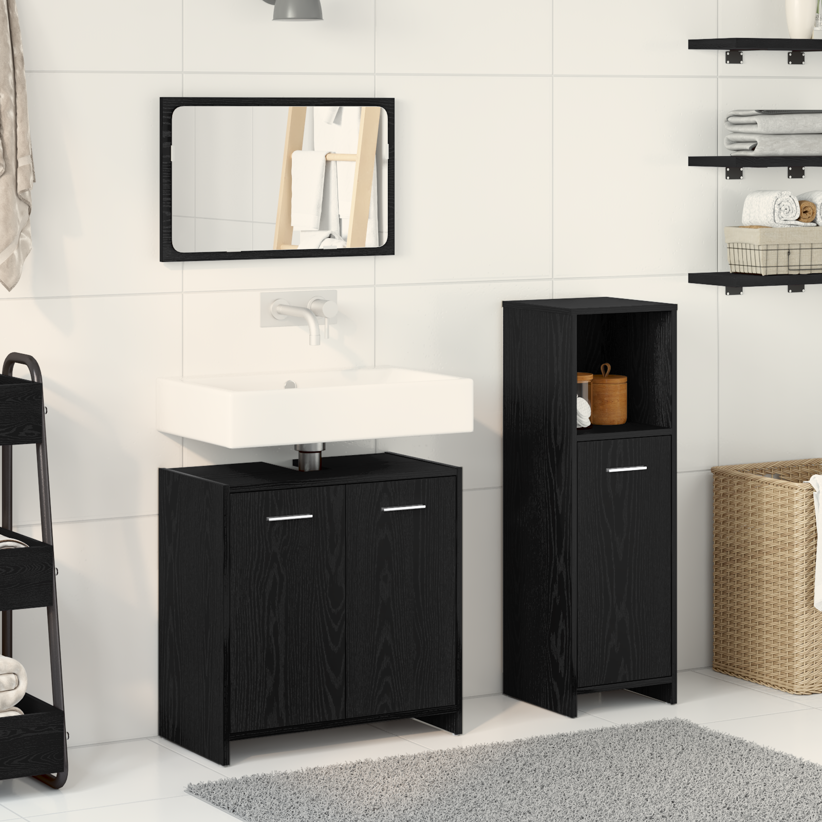 foto del prodotto set mobili bagno 3 pezzi rovere nero legno ingegnerizzato