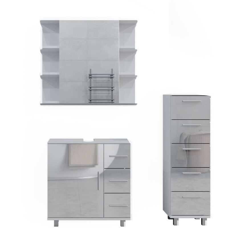 foto del prodotto set mobili bagno ilias, bianco lucido, 3 parti, con armadio midi vicco