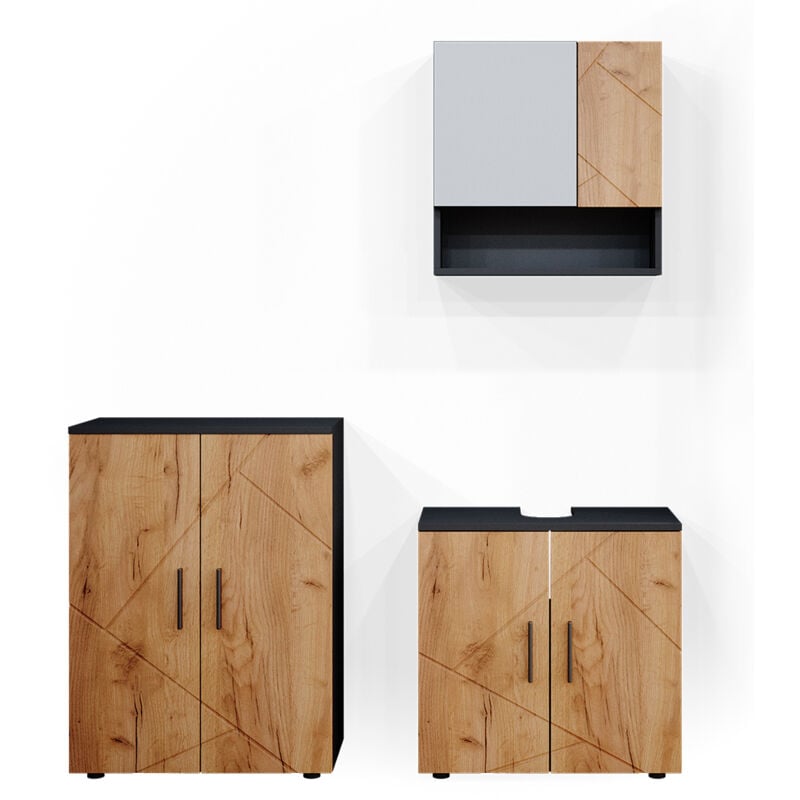 foto del prodotto set mobili bagno irma, quercia dorata antracite, 3 pezzi, con base 60 cm, vicco