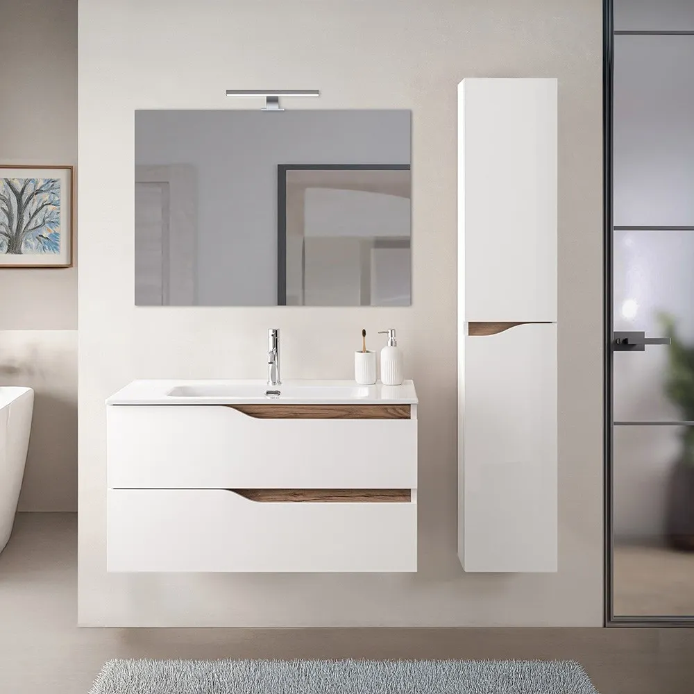 foto del prodotto set mobili bagno sospesi 100cm in legno mdf bianco e quercia sumya