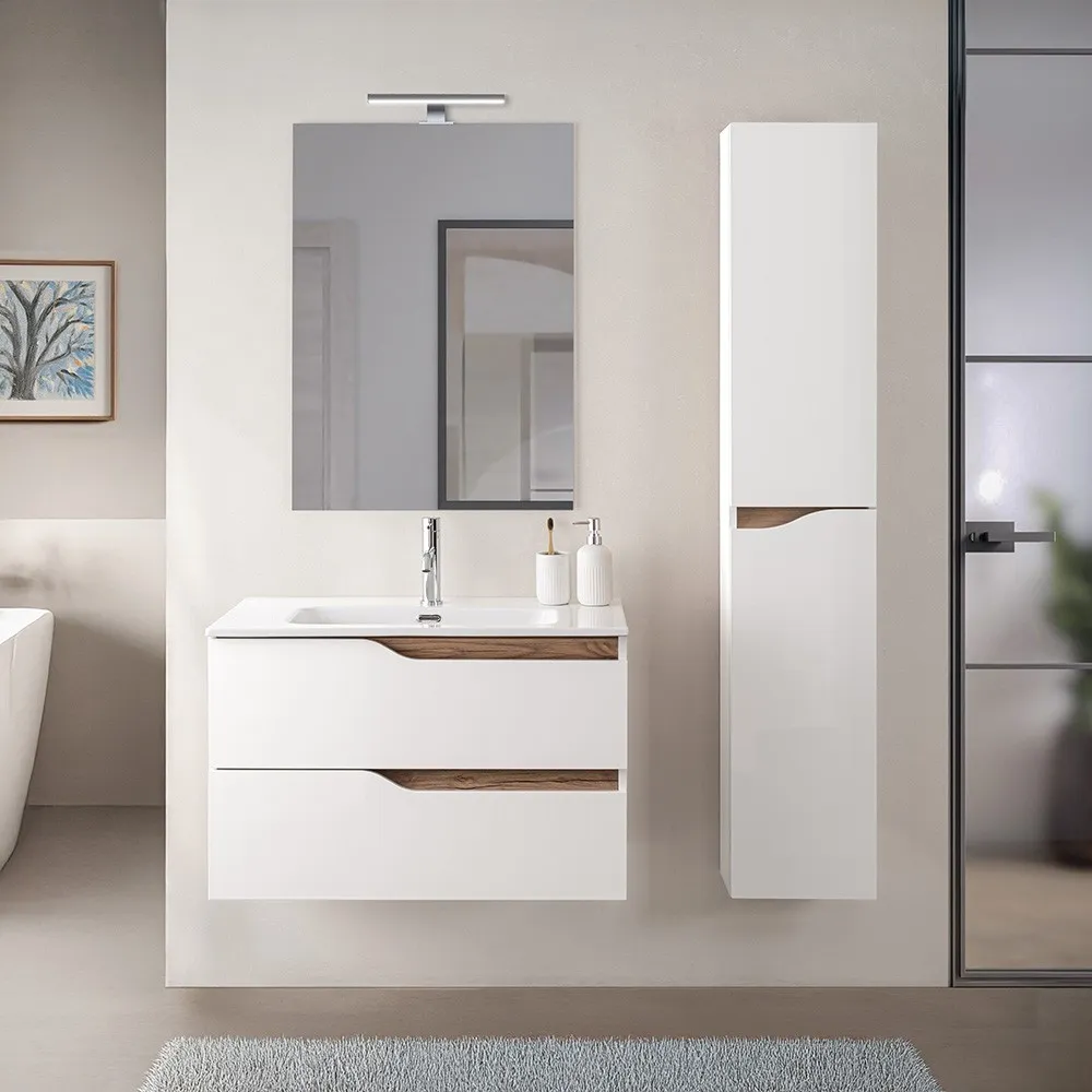 foto del prodotto set mobili bagno sospesi 80cm in legno mdf bianco e quercia sumya