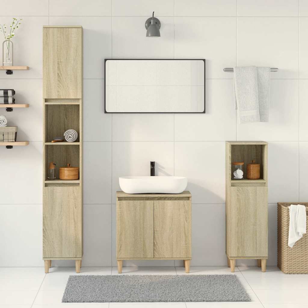 foto del prodotto set mobili da bagno 3 pz rovere sonoma in legno multistrato