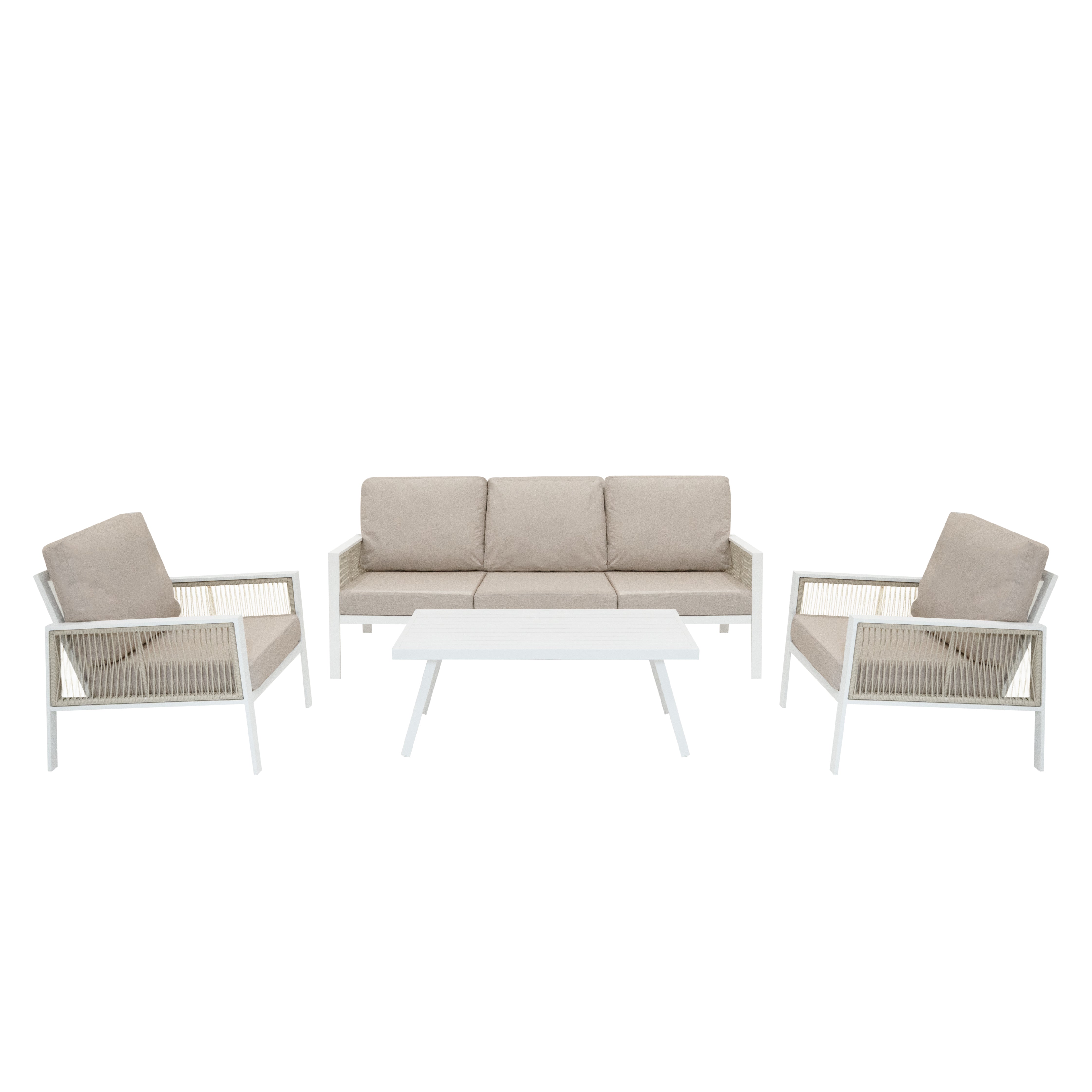 foto del prodotto set mobili da esterno 4 pezzi in alluminio divano tavolino poltrone bianco