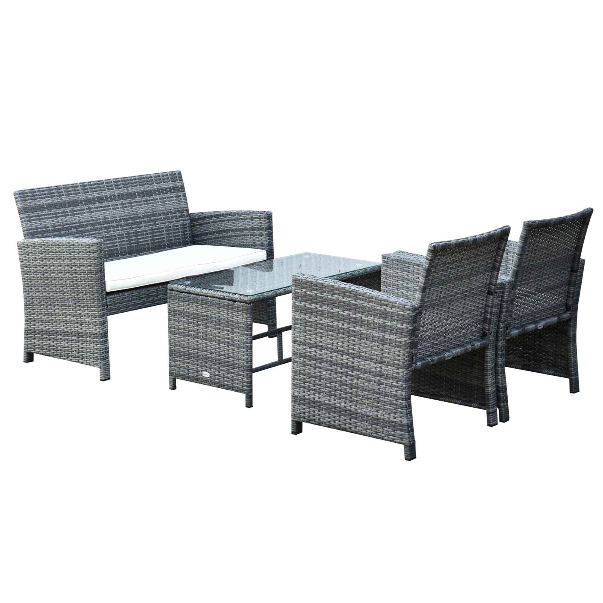 foto del prodotto set mobili da esterno in rattan sintetico divanetto e 2 poltrone con tavolino e cuscini grigio