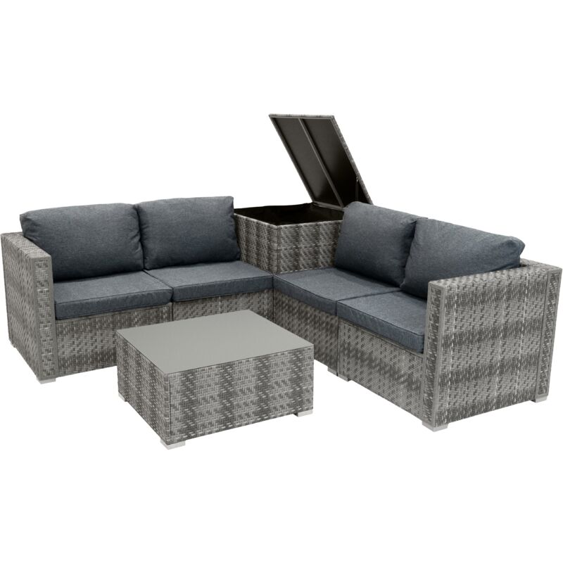 foto del prodotto set mobili da giardino 6 pezzi in rattan grigio divano 4 posti con cuscini lavabili, tavolino in vetro, baule 250l, copertura impermeabile per