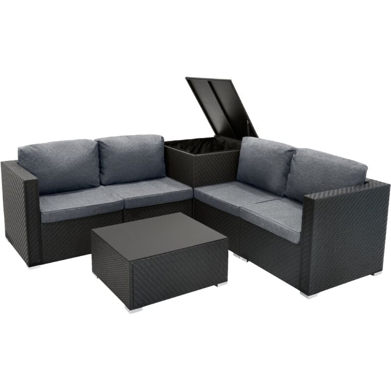 foto del prodotto set mobili da giardino 6 pezzi in rattan nero divano 4 posti con cuscini lavabili, tavolino in vetro, baule 250l, copertura impermeabile per
