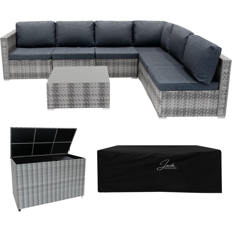 foto del prodotto set mobili da giardino 7 pezzi in rattan grigio con baule 700l divano modulare 5 posti, tavolino in vetro, cuscini lavabili, copertura