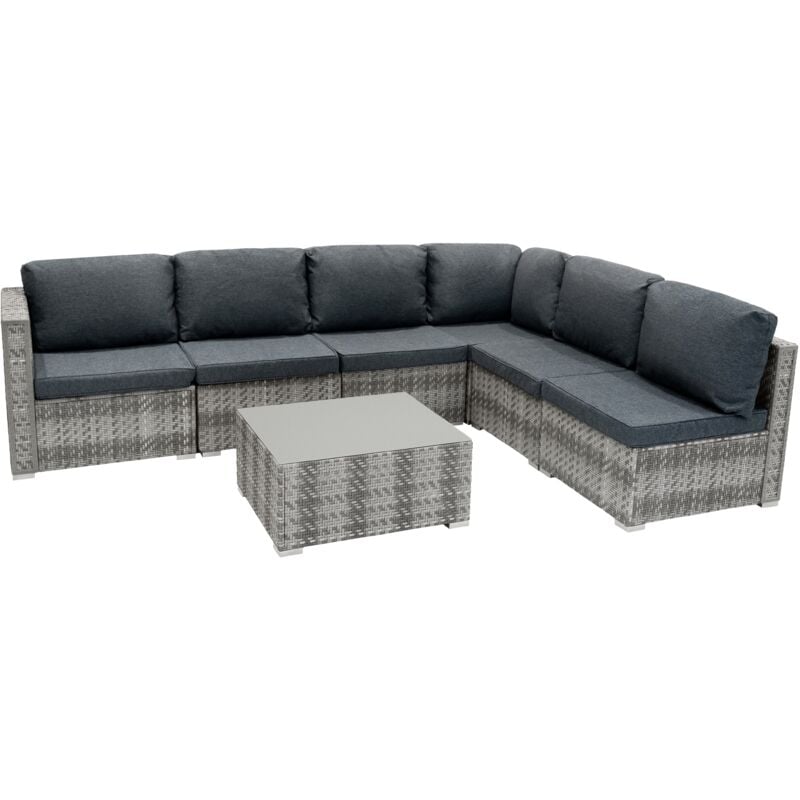 foto del prodotto set mobili da giardino 7 pezzi in rattan grigio divano modulare 5 posti con cuscini lavabili, tavolino in vetro, copertura impermeabile, per
