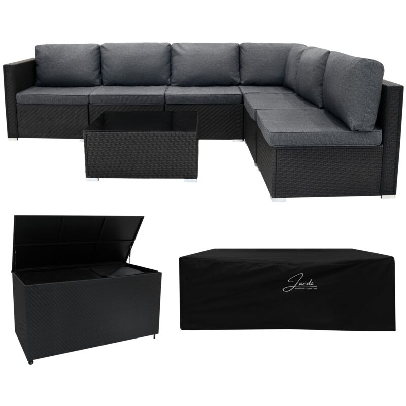 foto del prodotto set mobili da giardino 7 pezzi in rattan nero con baule 700l divano modulare 5 posti, tavolino in vetro, cuscini lavabili, copertura impermeabile,