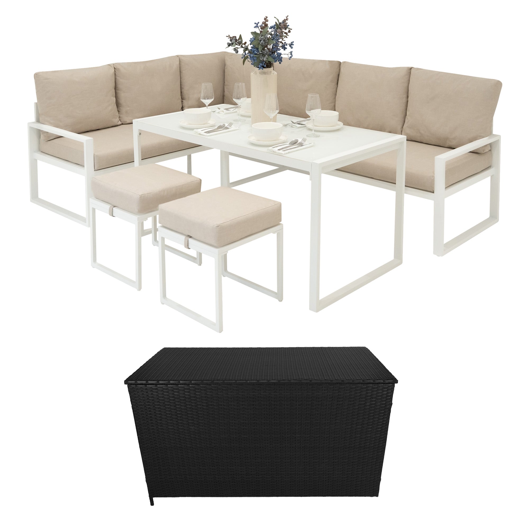 foto del prodotto set mobili da giardino bianco in alluminio con cassapanca rattan nera 582l divano angolare