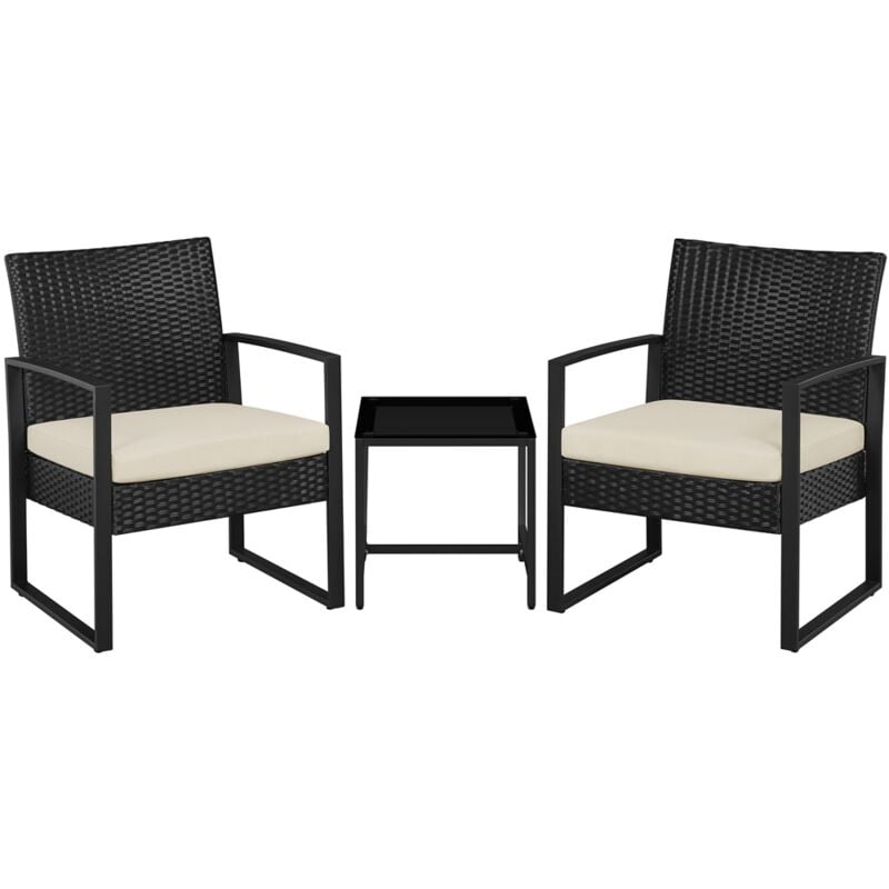 foto del prodotto set mobili da giardino in poly rattan 2 sedie e tavolino da balcone con cuscini esterno interno nero beige yaheetech
