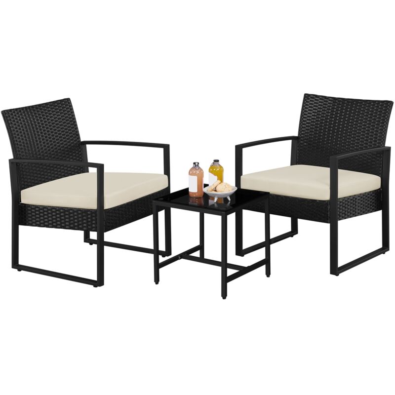 foto del prodotto set mobili da giardino in poly rattan 2 sedie e tavolino da balcone con cuscini esterno interno nero beige yaheetech