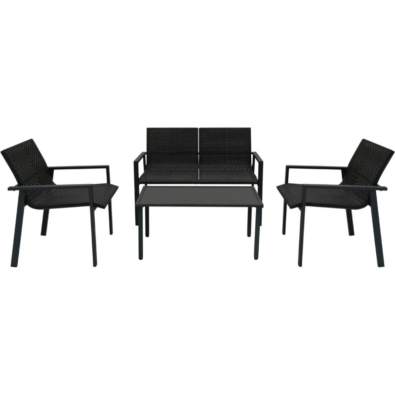 foto del prodotto set mobili da giardino in rattan nero 4 pezzi divano 2 posti, 2 poltrone, tavolino con vetro, copertura impermeabile per esterni, patio,
