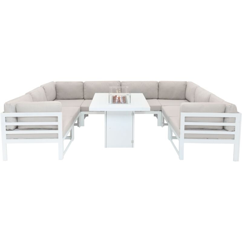 foto del prodotto set mobili da giardino modulare 9 pezzi bianco con divano 8 posti a u, tavolo con braciere a gas, cuscini imbottiti, copertura impermeabile inclusa,