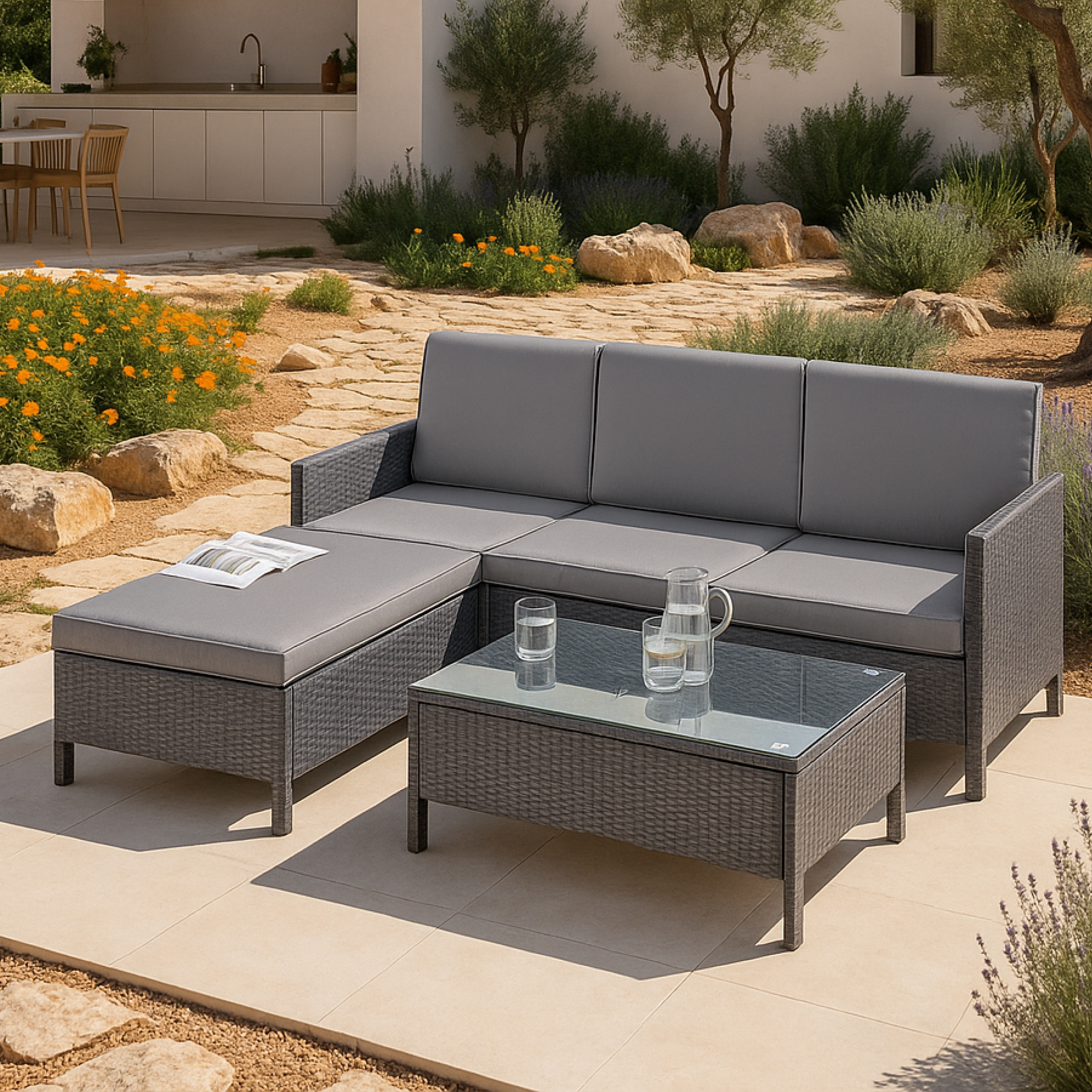 foto del prodotto set mobili da giardino murcia in polyrattan tavolino divano pouf con cuscini - grigio en.casa