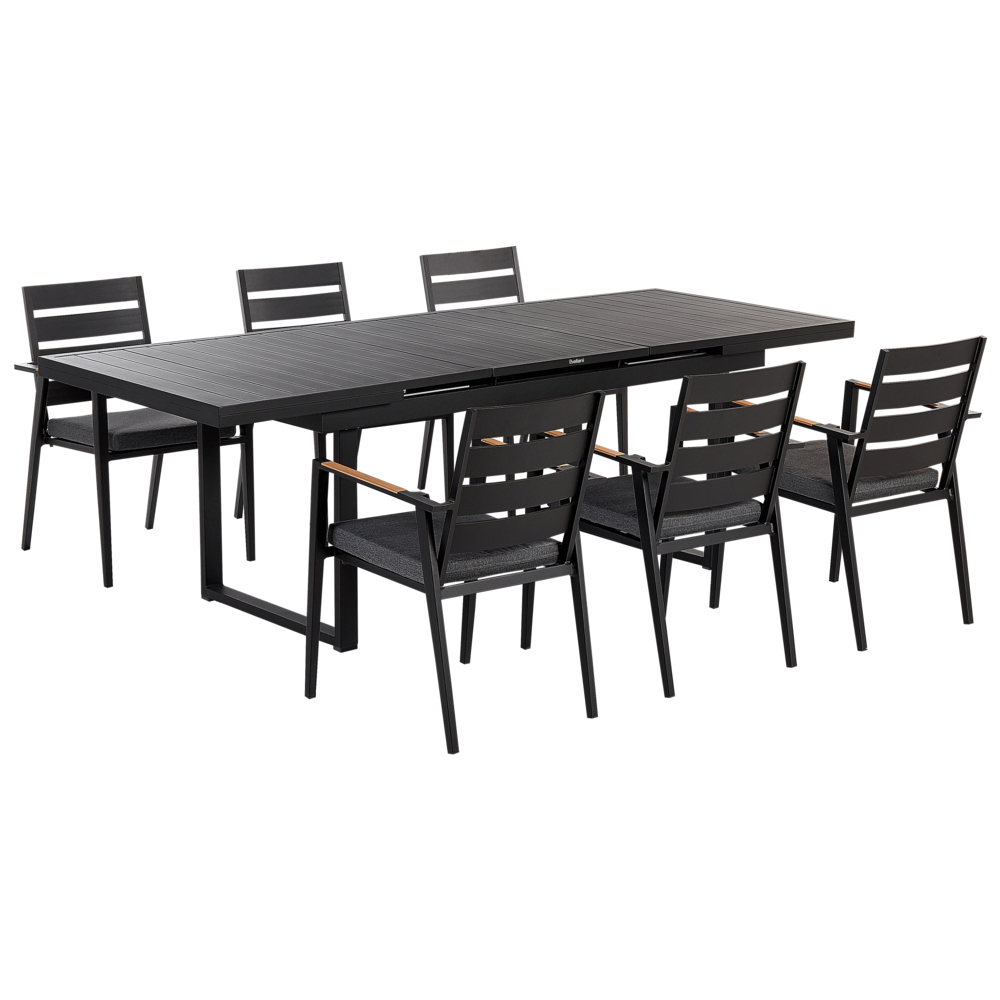 foto del prodotto set mobili da giardino tavolo allungabile nero 180 x 90 cm con cuscini di seduta in alluminio 6 sedie